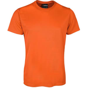 An orange T-shirt featuring a logo on the collar, made from a smooth, breathable fabric.