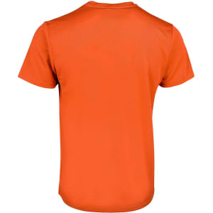 An orange T-shirt featuring a simple design with a logo on the back.