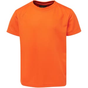 An orange T-shirt with a round neckline and short sleeves, featuring a logo on the label.