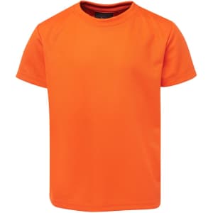 An orange T-shirt with a round neckline and short sleeves, featuring a logo on the label.