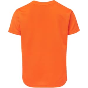 An orange T-shirt with a smooth texture and short sleeves. The back view shows a simple design.