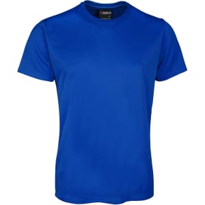 A blue T-shirt featuring a round neckline and short sleeves, with a logo on the label.