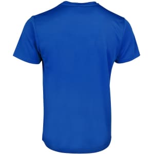 A blue t-shirt showcasing a smooth fabric texture and a simple design, featuring a branding logo.