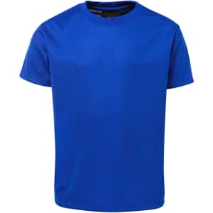 A blue T-shirt featuring a round neckline and short sleeves, with a logo on the label.