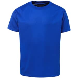 A blue T-shirt with a simple crew neck design and a logo on the label.