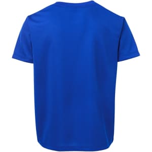 A blue T-shirt featuring a simple cut and short sleeves, with a logo on the back.