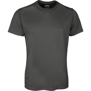 A dark grey t-shirt with short sleeves and a logo on the neckline.
