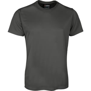 A dark grey t-shirt with short sleeves, featuring a round neckline and branding on the inside of the collar.