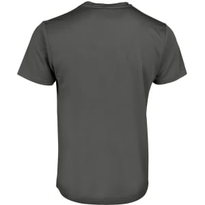 A plain dark grey T-shirt with a round neckline and short sleeves. It features a logo on the back.