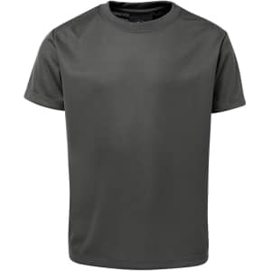 A dark green t-shirt with short sleeves, featuring a subtle texture and a logo on the neckline.