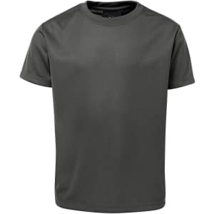 A dark grey T-shirt featuring a crew neck and short sleeves, with a logo on the neckline.