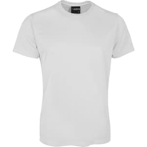 A plain white T-shirt with a crew neck and short sleeves, featuring a logo on the inside label.