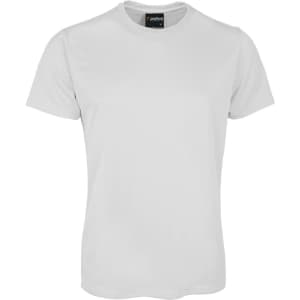 A plain white t-shirt featuring a round neckline and short sleeves, with a logo on the tag.