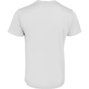 A plain white T-shirt with short sleeves, featuring a back view and a logo on the back.