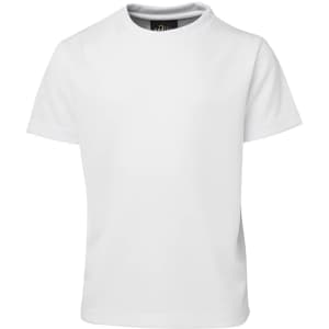 A plain white t-shirt with a round neck and short sleeves, featuring a logo on the tag.
