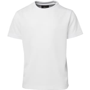 A white short-sleeved T-shirt with a round neck and a logo on the label.