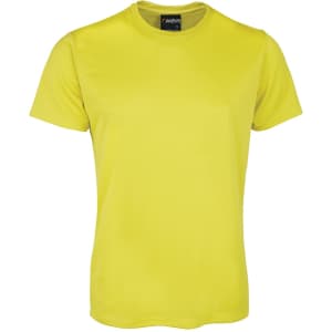 A plain yellow T-shirt featuring a logo on the neckline. The fabric appears smooth and lightweight.