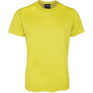 A bright yellow T-shirt with short sleeves and a collar, featuring a brand logo inside the neckline.