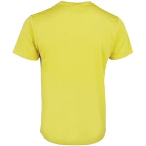 A bright yellow T-shirt featuring a plain back and a logo. Suitable for casual wear.