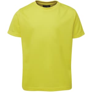 A bright yellow T-shirt with a round neck and short sleeves. It features a logo on the label.