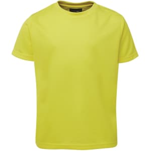 A bright yellow t-shirt with a crew neck and short sleeves, featuring a logo on the neckline.