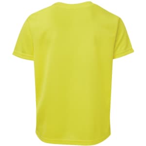 A bright yellow T-shirt with a crew neck and short sleeves, featuring a logo on the back.