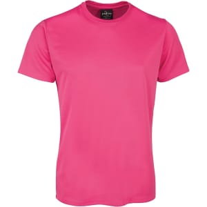 A pink T-shirt with short sleeves and a branded tag on the neckline.