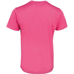 A pink T-shirt with a simple design and a logo on the back.