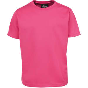 A pink t-shirt with a round neckline and short sleeves, featuring a logo on the label.
