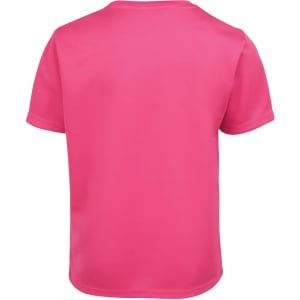 A pink T-shirt with a round neckline and short sleeves, featuring a logo on the back.