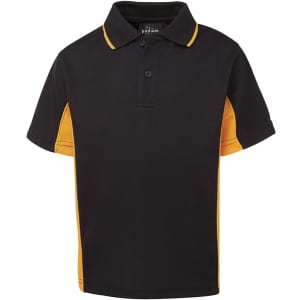 A black and orange polo shirt with a collar and short sleeves, featuring a logo on the front.