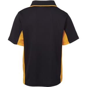 A black and yellow polo shirt featuring a branded logo, showcasing a classic design with short sleeves.