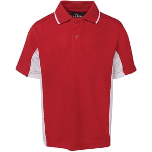 A red polo shirt with white side panels and a collar, featuring a branding logo.