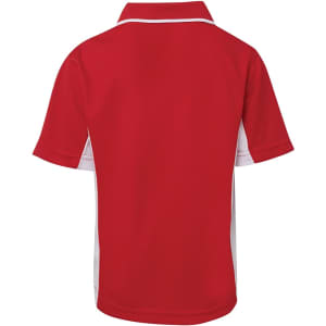 A red polo shirt with white side detailing and a collar, featuring a logo on the back.