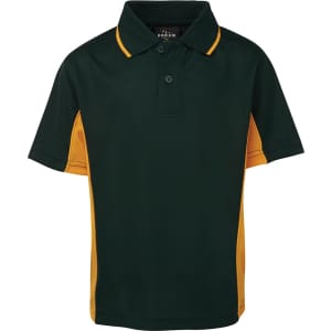 A green and gold polo shirt with a collared neckline and short sleeves. It features branding on the collar.