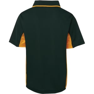 A green and gold polo shirt with a collared neck and short sleeves, featuring a logo on the front.