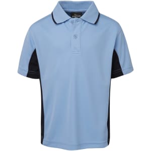 A light blue polo shirt with black side panels and a collar. It features a logo at the neckline.