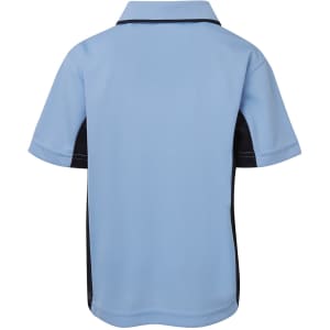 A light blue polo shirt with short sleeves and black side panels, featuring a logo on the front.