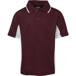 A maroon polo shirt with white side panels and a collar, featuring a branded logo on the neckline.
