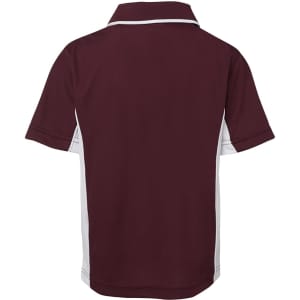 A maroon polo shirt with white accents and a collar, featuring a logo on the front.