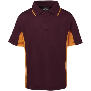 A burgundy polo shirt with orange accents and a collar, featuring a logo on the upper back.