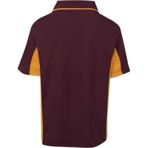 A maroon and gold polo shirt featuring a logo, designed for kids with short sleeves and a classic collar.
