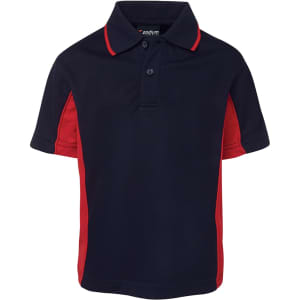 A navy blue and red polo shirt with a collar and logo. Short sleeves with contrasting side panels.