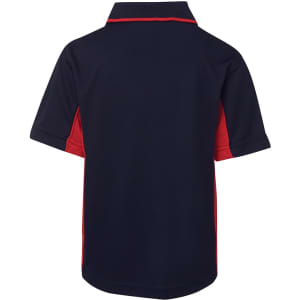 A navy and red polo shirt featuring a collar and short sleeves. The back view highlights contrasting colours and a logo.