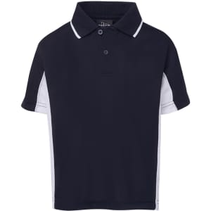 A navy blue polo shirt with white side panels, featuring a collar and a logo on the label.