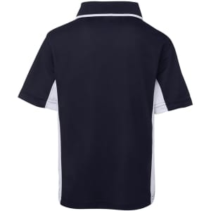 A black and white polo shirt with short sleeves and a collar, featuring a logo.