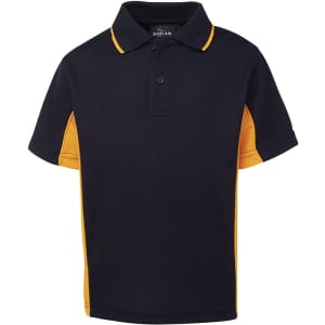A navy and yellow polo shirt with a collar, featuring short sleeves and a logo at the neck.