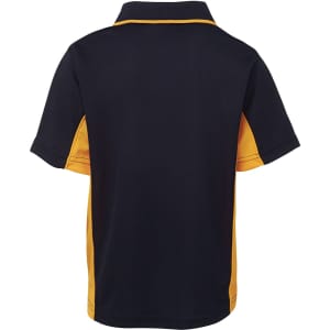 A navy and yellow polo shirt with a collar and short sleeves, featuring a logo on the back.