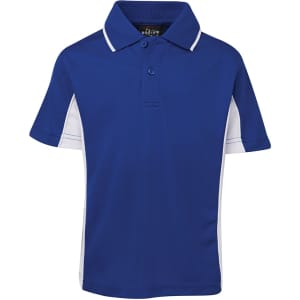 A blue and white polo shirt featuring a collar, short sleeves, and a logo on the chest.