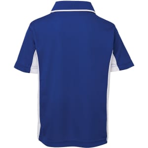 A blue and white polo shirt with a collared neckline and short sleeves, featuring a logo.